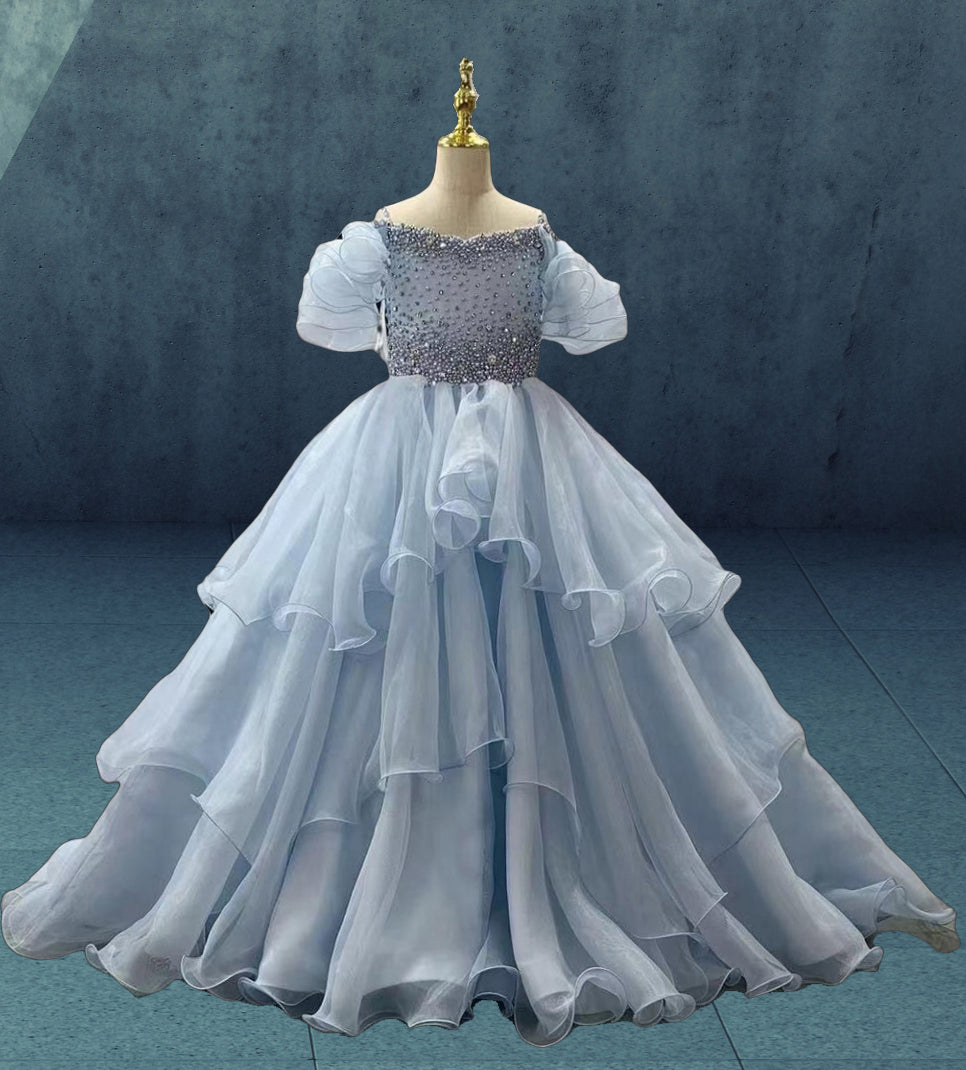 Glitzy Beaded Bodice Little Girls Sky Blue Long Pageant Dress