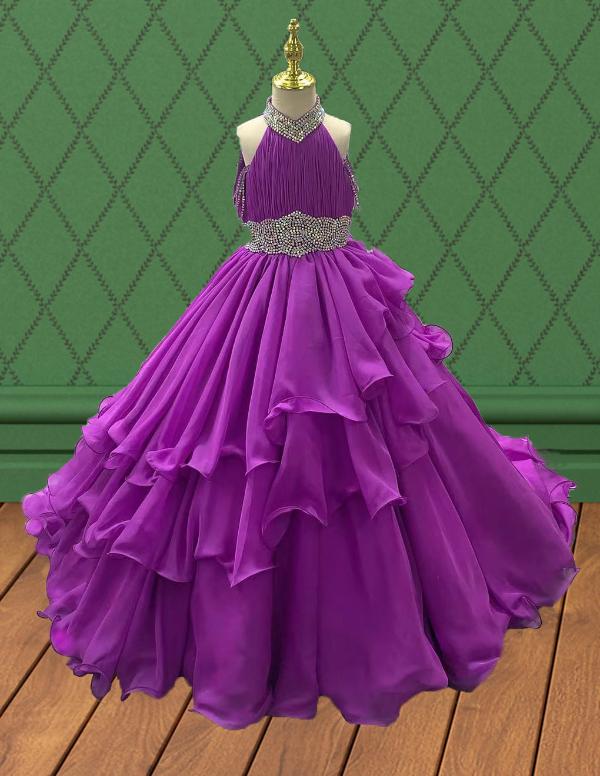 Little Girls Purple Beaded Bodice Sparkly Evening Gown