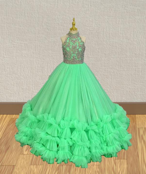 Preteens Sparkly Halter Beaded Bodice Long Pageant Gown