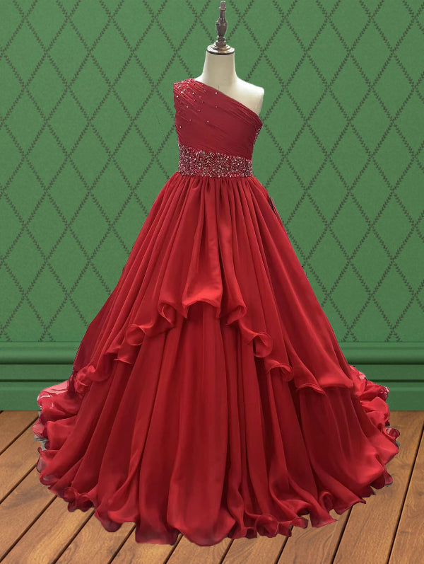 Youth Red Sparkly Formal Dress With Beaded Bodice