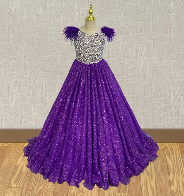 Little Girls Stunning Purple Evening Gown with Feather