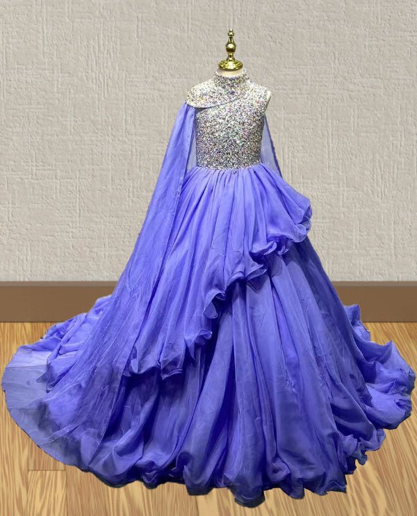 Floor - length Purple Pageant Gown with Beaded and Cape - CupcakePageantDress