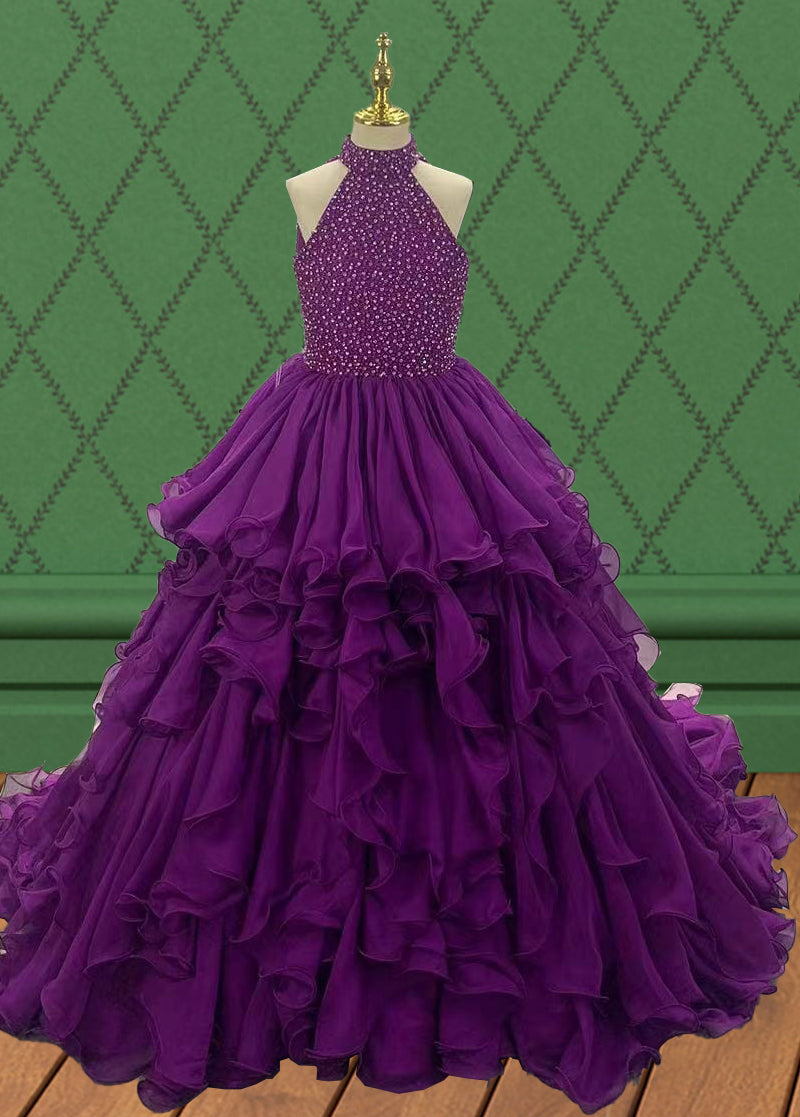 Halter Beaded Bodice Little Princess Purple Prom Gown