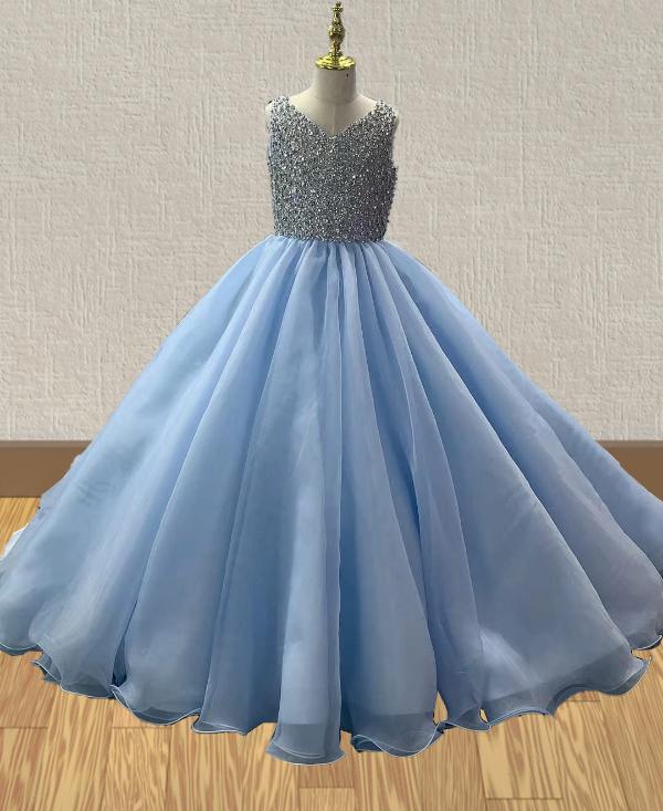 Little Girls Sky Blue Glitzy Mint Evening Gown