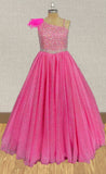 Floor-length Fuchsia Prom Gown with Beaded and Feather