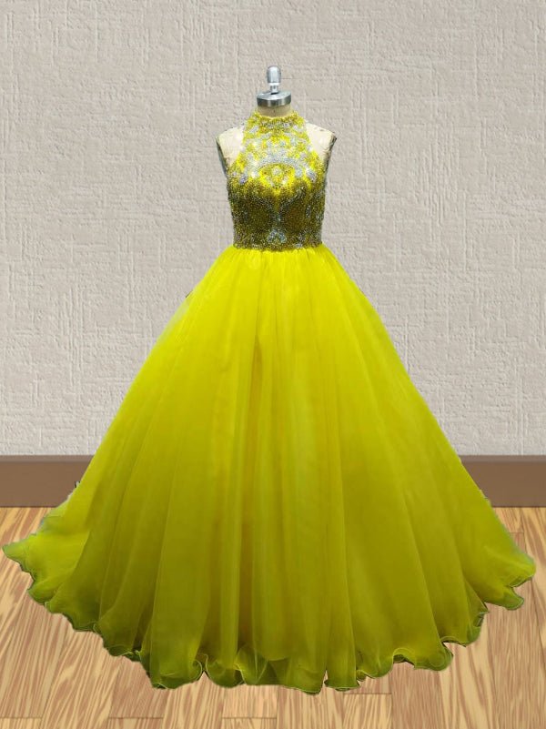 Yellow Floor-Length Evening Dress With Beaded Bodice