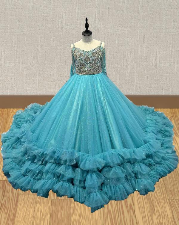 Stunning Couture Pageant Teal Organza Ballgown