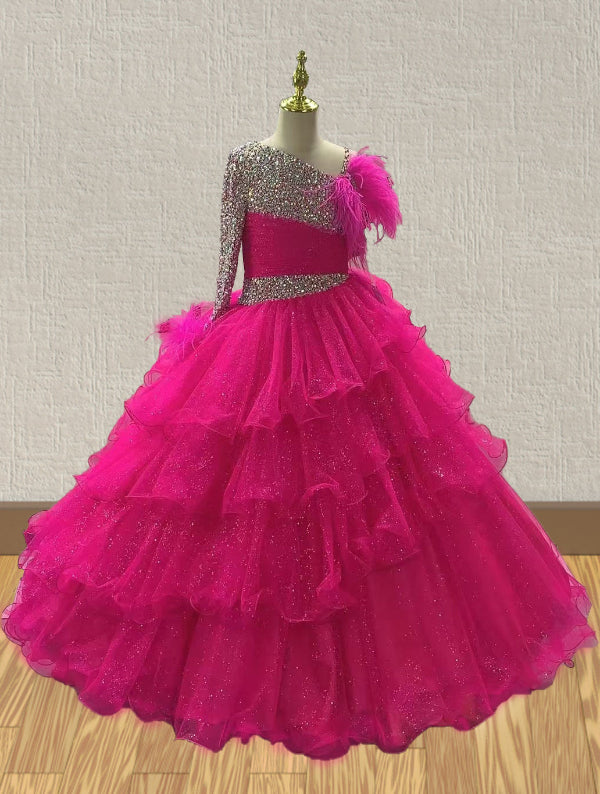 Custom Little Girls Fuchsia Pageant Gown with Feather