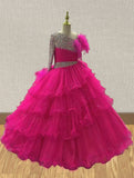 Custom Little Girls Fuchsia Pageant Gown with Feather