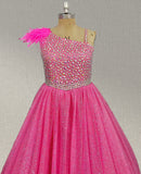 Floor-length Fuchsia Prom Gown with Beaded and Feather