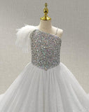 Glitz Beaded Bodice Flower Girl White Evening Gown