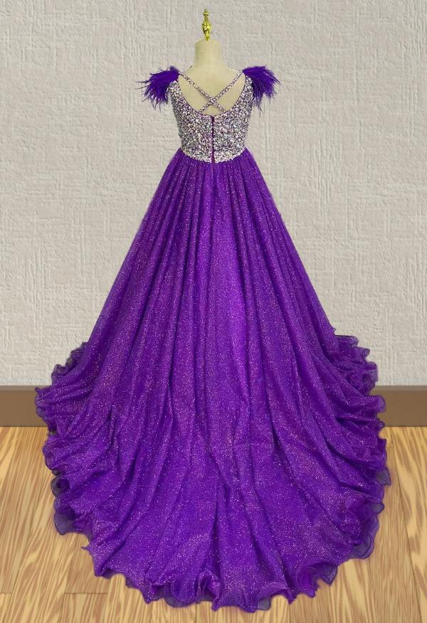 Little Girls Stunning Purple Evening Gown with Feather