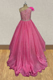 Floor-length Fuchsia Prom Gown with Beaded and Feather