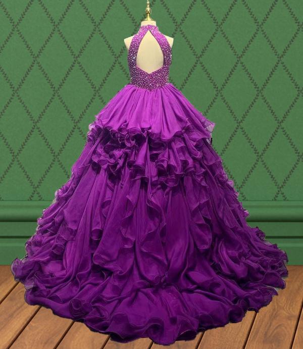 Halter Beaded Bodice Little Princess Purple Prom Gown