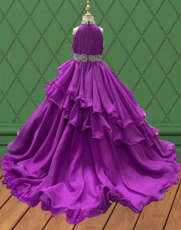 Little Girls Purple Beaded Bodice Sparkly Evening Gown