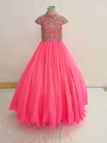 Hot Pink Little Girl Glitzy Beaded Bodice Cap Sleeve Long Pageant Dress