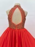 Halter Beaded Bodice Little Girl Red Nobler Ball Gown