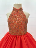 Halter Beaded Bodice Little Girl Red Nobler Ball Gown