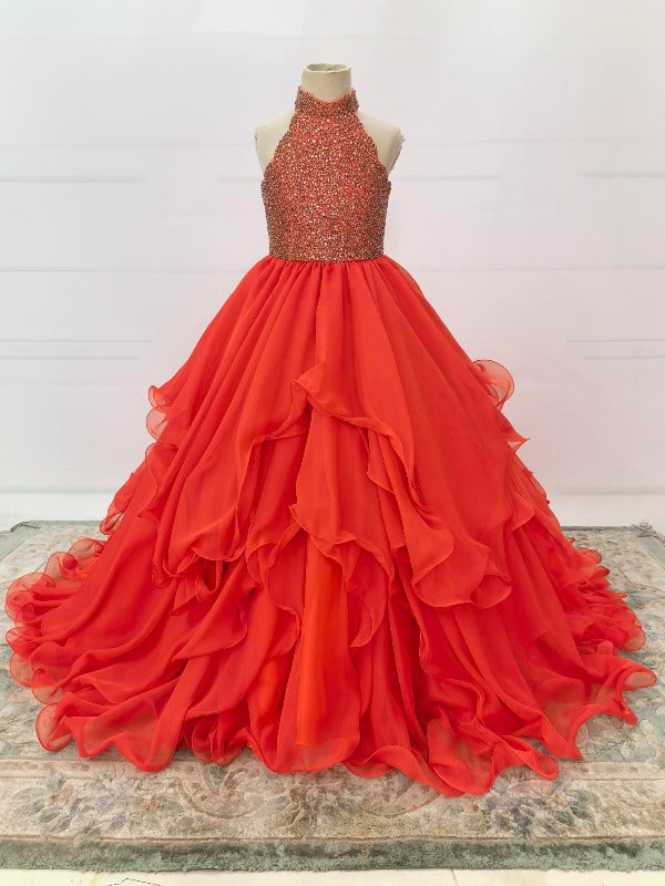 Halter Beaded Bodice Little Girl Red Nobler Ball Gown