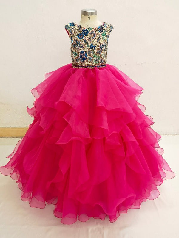 Cap Sleeve Glitzy Beaded Bodice Little Girl Charming Fuchsia Ball Gown