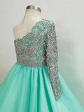 One Shoulder Glitzy Beaded Bodice Mint Teen's Pageant Ball Gown