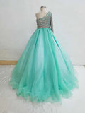 One Shoulder Glitzy Beaded Bodice Mint Teen's Pageant Ball Gown