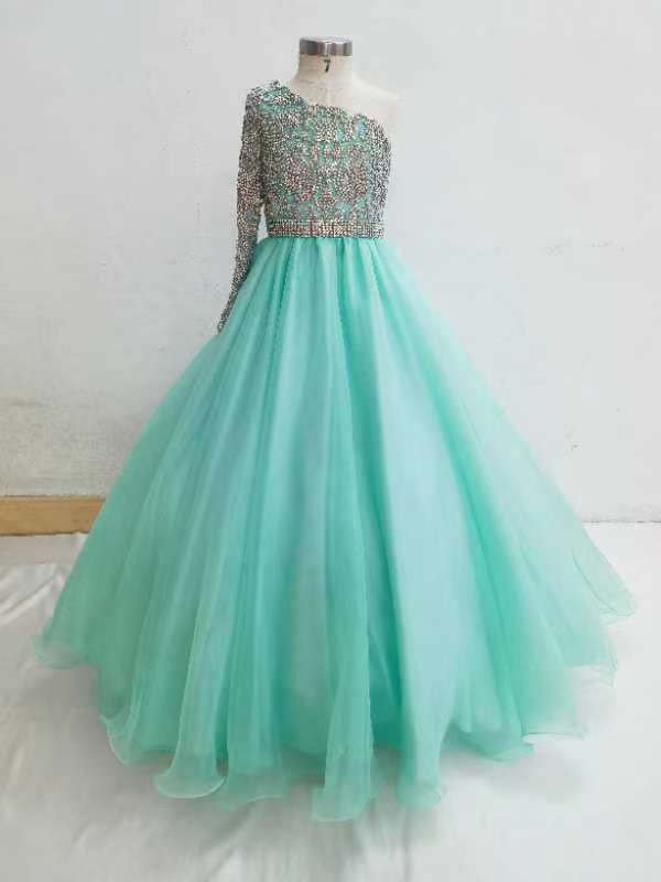 One Shoulder Glitzy Beaded Bodice Mint Teen's Pageant Ball Gown