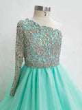 One Shoulder Glitzy Beaded Bodice Mint Teen's Pageant Ball Gown