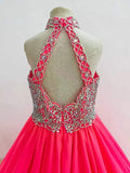 Beauty Red Halter Glitz Teenage Girl Ball Gown