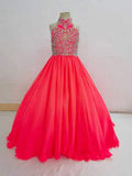 Beauty Red Halter Glitz Teenage Girl Ball Gown