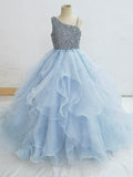 Elegant One Shoulder Sky Blue Little Girls Sparkly Gowns