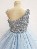 Elegant One Shoulder Sky Blue Little Girls Sparkly Gowns