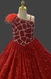 Glitzly Beaded Bodice Red Formal Pageant Dress with Detachable Cape