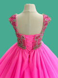 Dazzling Sparkling Beaded Open Back Fuchsia Ball Gown