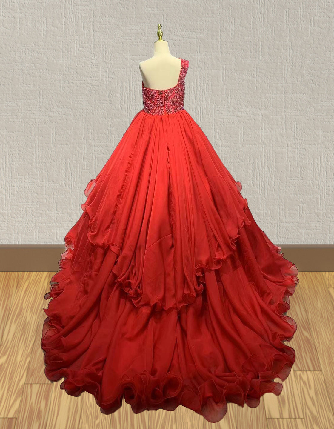 Youth Red Sparkly Formal Dress With Beaded Bodice