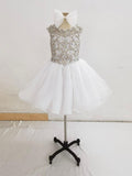 Stylish Cap Sleeve Little Girl Short White Sparkly Gowns