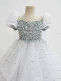 Customize Elegant V Neck Pearls Bodice White Tween Ball Gown