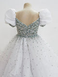 Customize Elegant V Neck Pearls Bodice White Tween Ball Gown