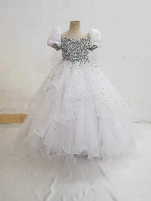 Customize Elegant V Neck Pearls Bodice White Tween Ball Gown